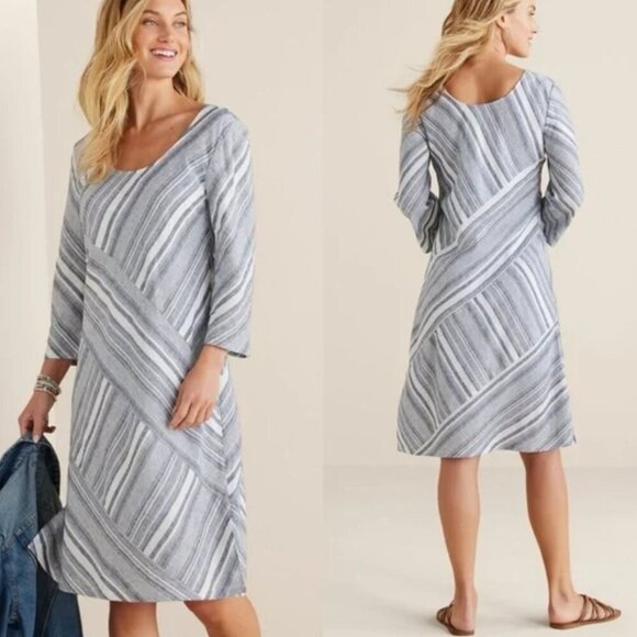 Nwot Soft Surroundings Sonya Linen Dress Striped Pockets  L - Picture 1 of 15
